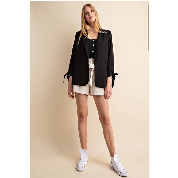 Black Bow Cinch Sleeve Open Front Blazer Jacket NWT - Picture 6 of 7